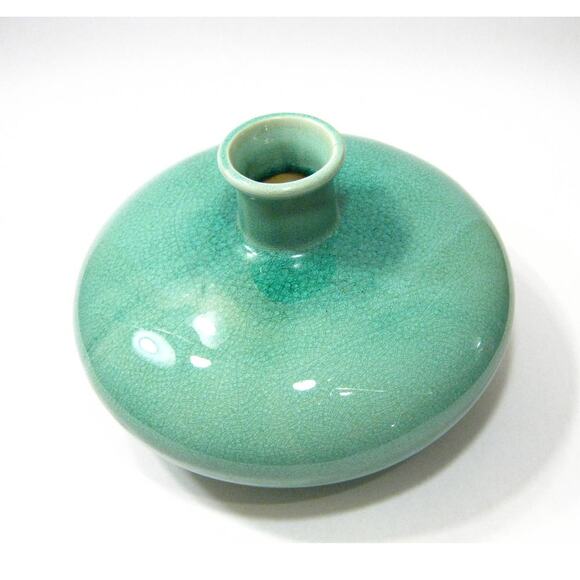 Contemporary Globe Sea Green Glazed Glass Vessel Vase Container Crackle Finish - Picture 5 of 6